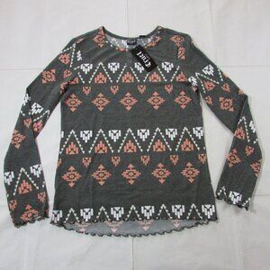 Cruel Girl's XXL Long Sleeve Rib Knit Aztec Printed Henley Shirt - Gray